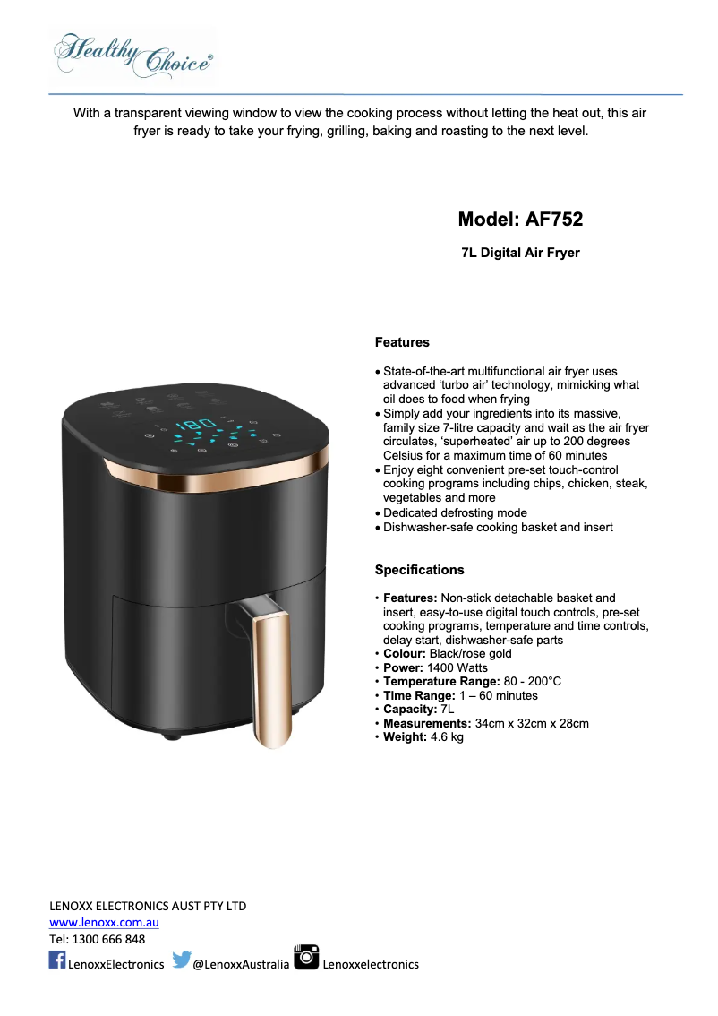 Page 1 de la notice Fiche technique Healthy Choice AF752