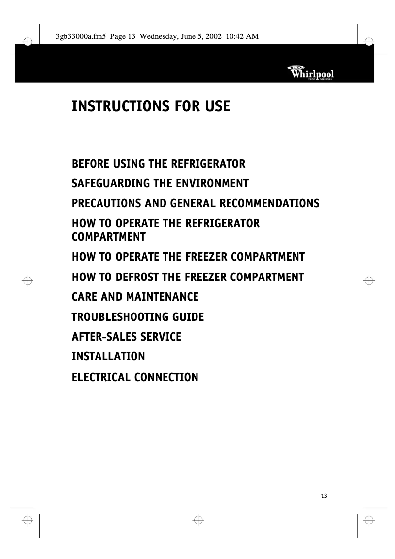 Page 1 de la notice Manuel utilisateur Whirlpool ARZ 897-1/H