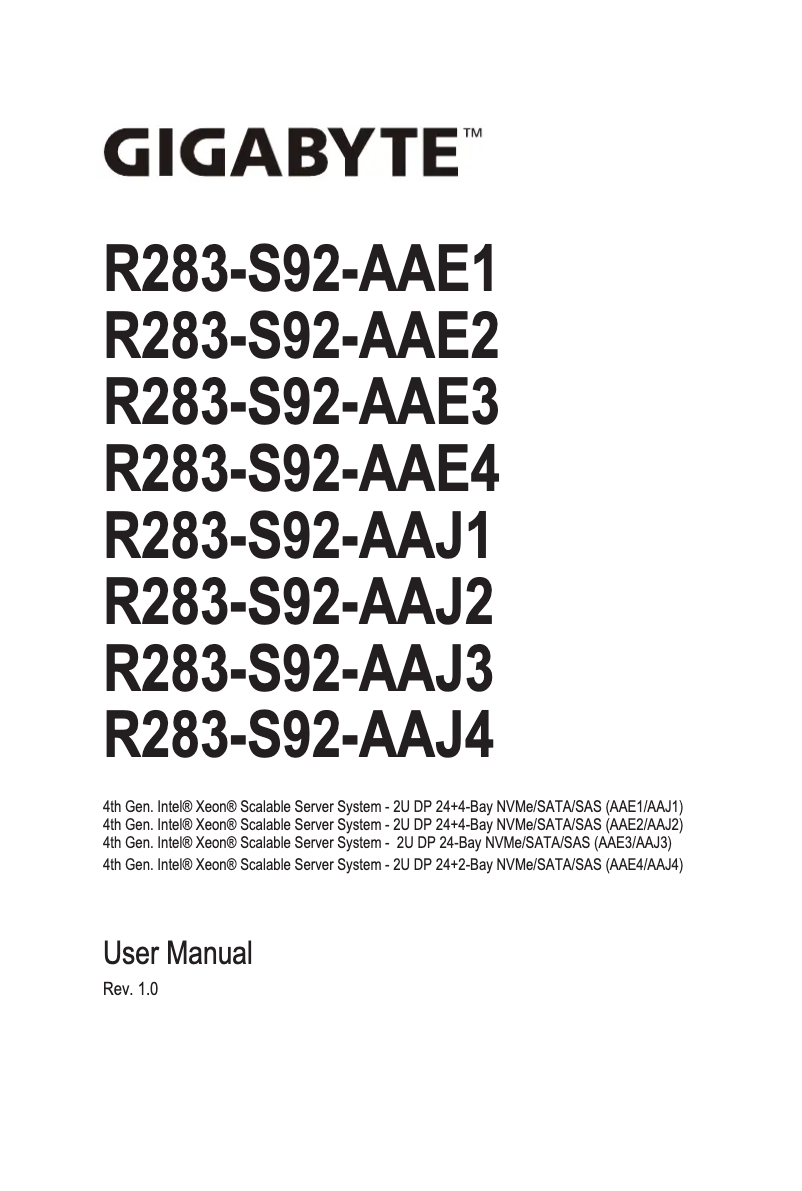 Page 1 of the manual User Manual Gigabyte R283-S92