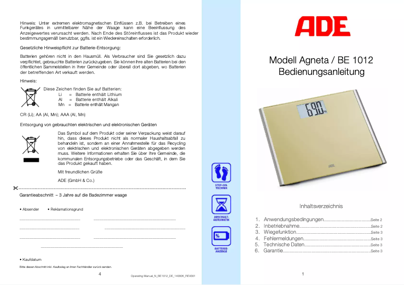 Page 1 de la notice Manuel utilisateur ADE Agneta BE 1012