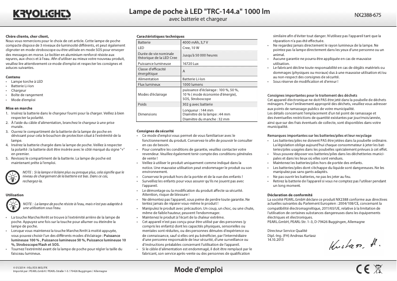 Page 1 de la notice Manuel utilisateur Kryolights NX2388