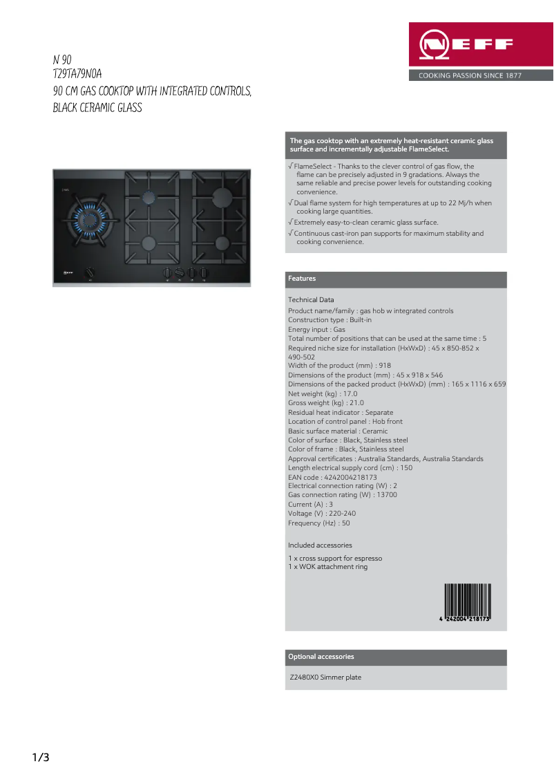 Page 1 of the manual Technical Sheet Neff T29TA79N0A