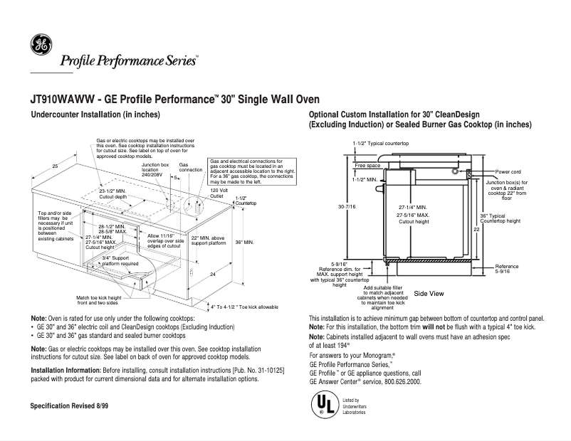 Page 1 de la notice Fiche technique GE Profile Performance JT910WAWW
