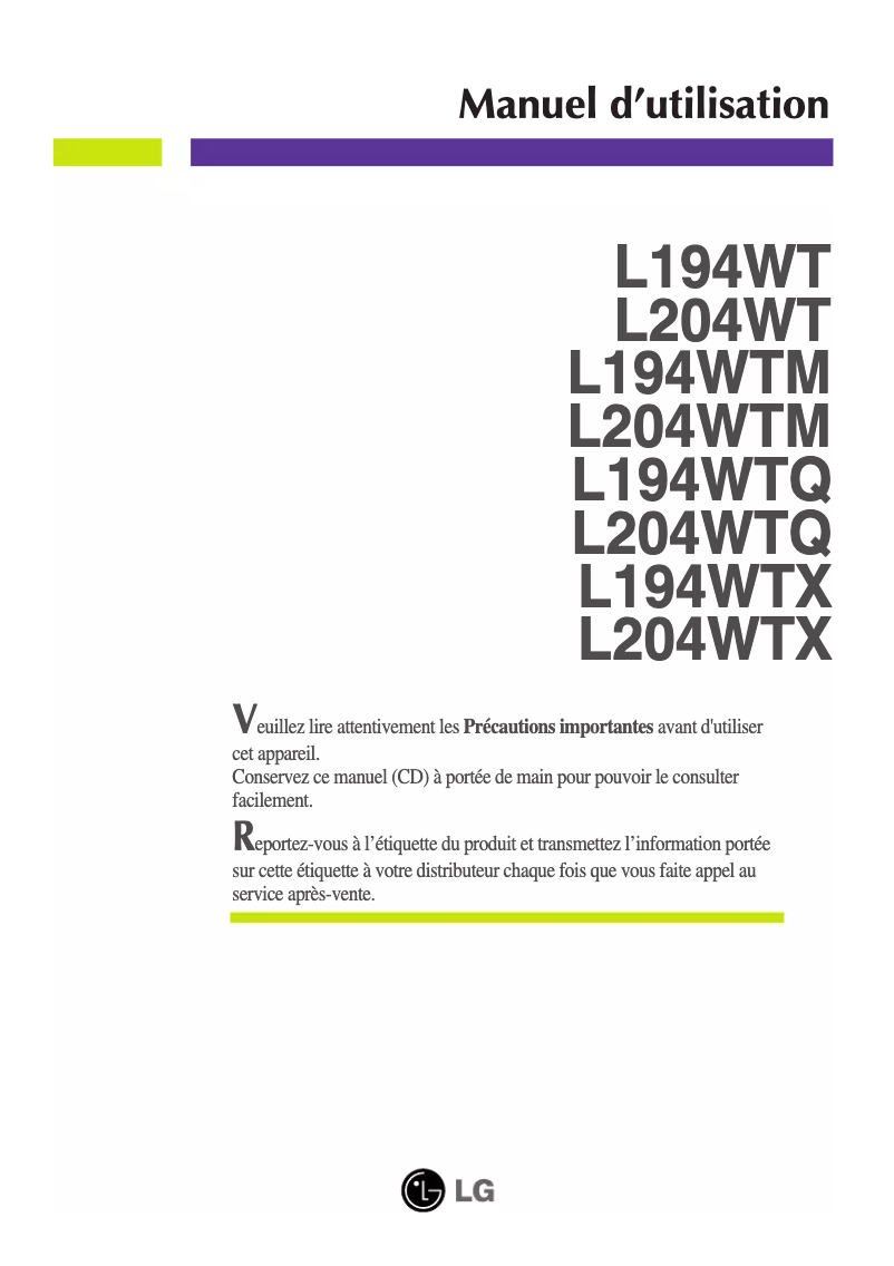 Page 1 de la notice Manuel utilisateur LG L204WT-SF