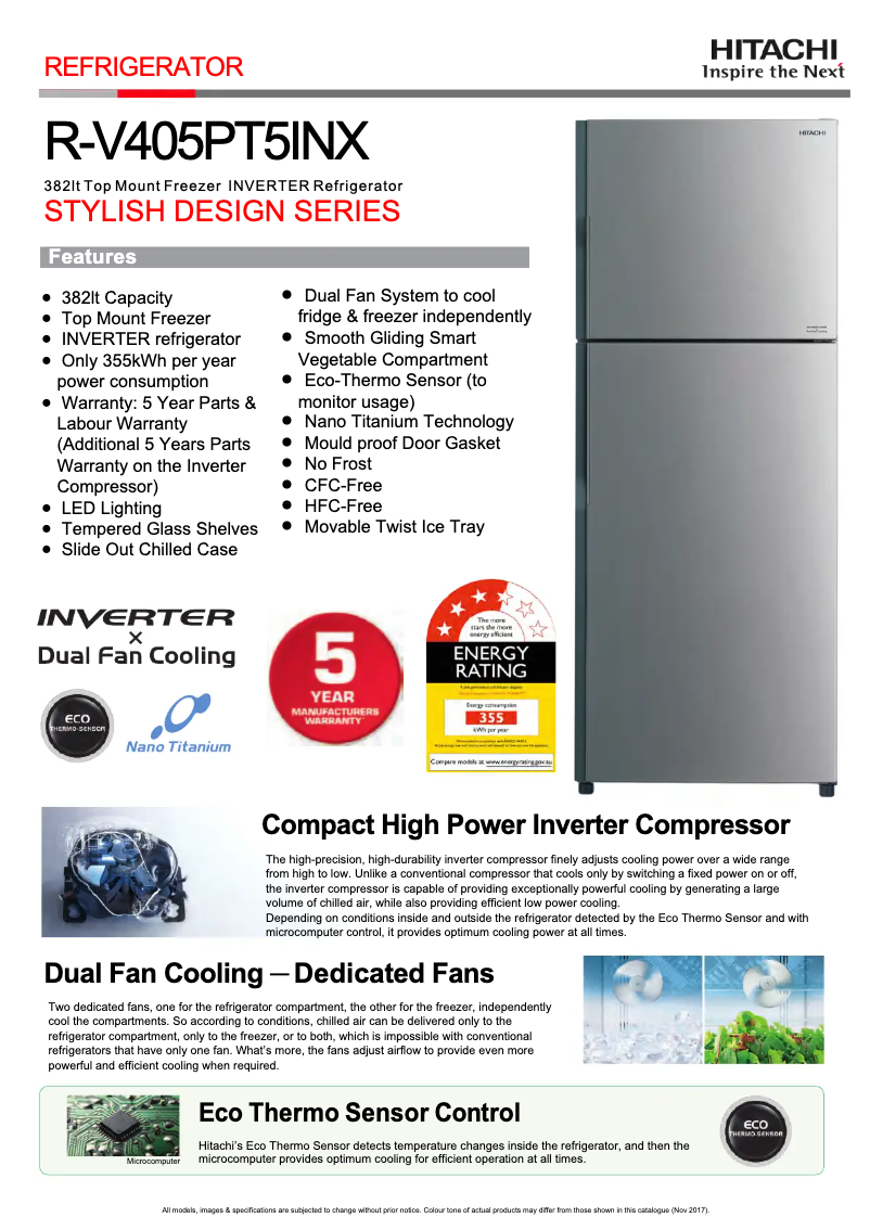 Página 1 del manual Ficha técnica Hitachi R-V405PT5INX