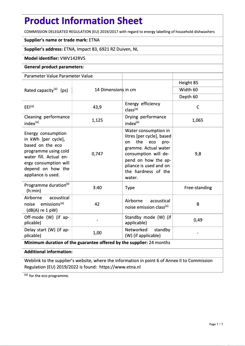 Page 1 de la notice Fiche technique Etna VWV142RVS