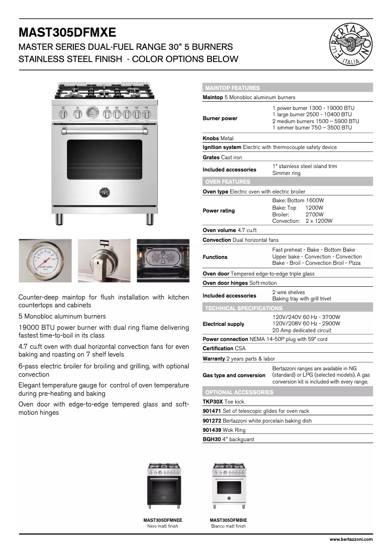 Page 1 de la notice Fiche technique Bertazzoni MAST305DFMBIE