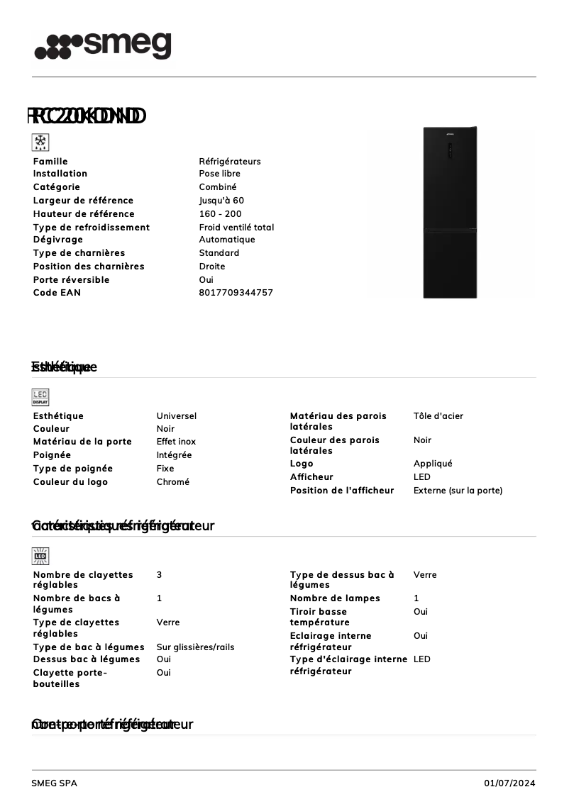 Page 1 de la notice Fiche technique Smeg RC20KDND
