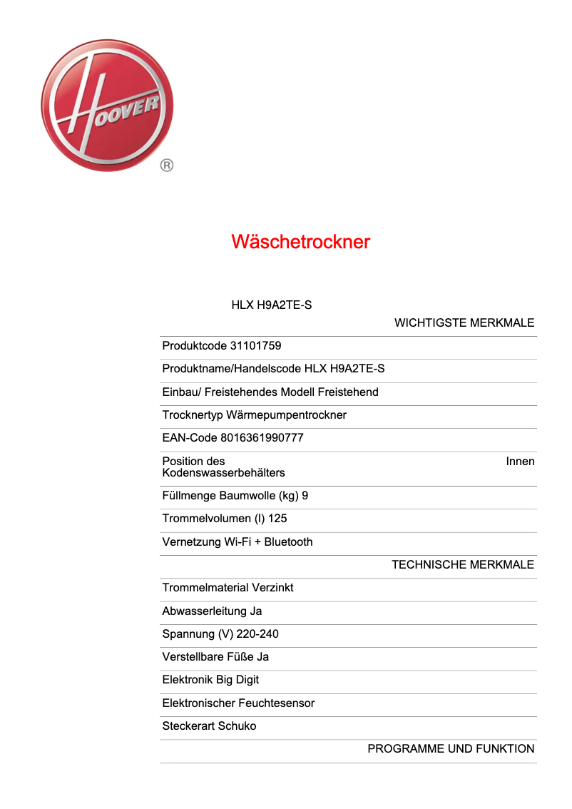 Página 1 del manual Ficha técnica Hoover HLX H9A2TE-S