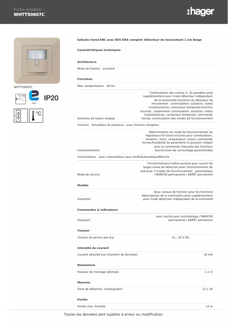 Page 1 de la notice Fiche technique Hager WHTT50607C