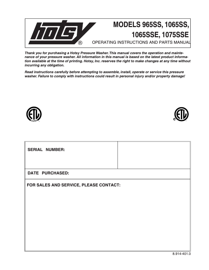 Page 1 of the manual User Manual Hotsy 1065SS