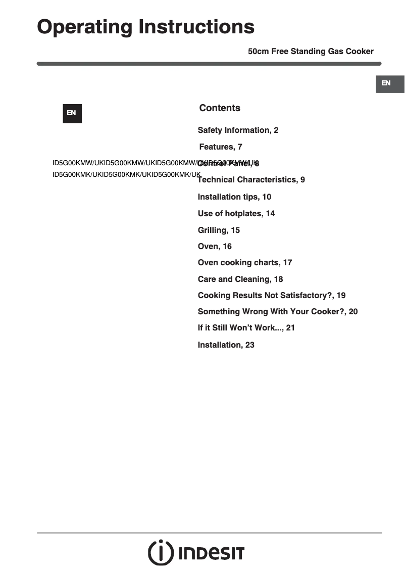 Page n°1 - Mode d'emploi Indesit ID5G00KMW/UK