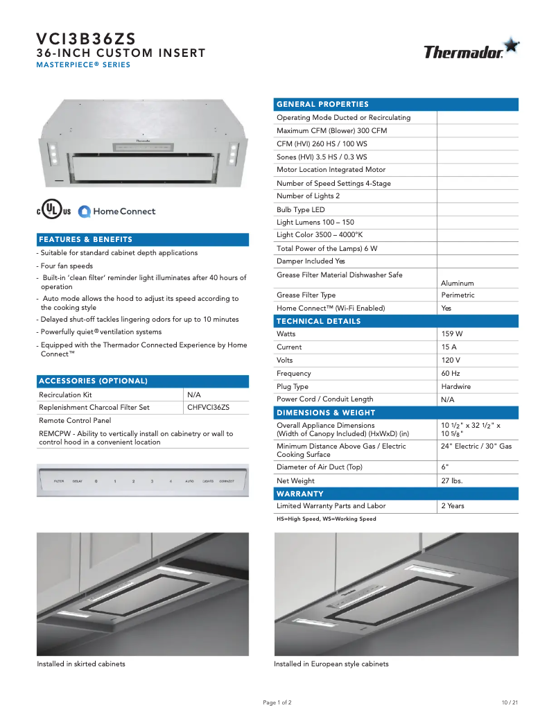 Page 1 of the manual Technical Sheet Thermador VCI3B36ZS