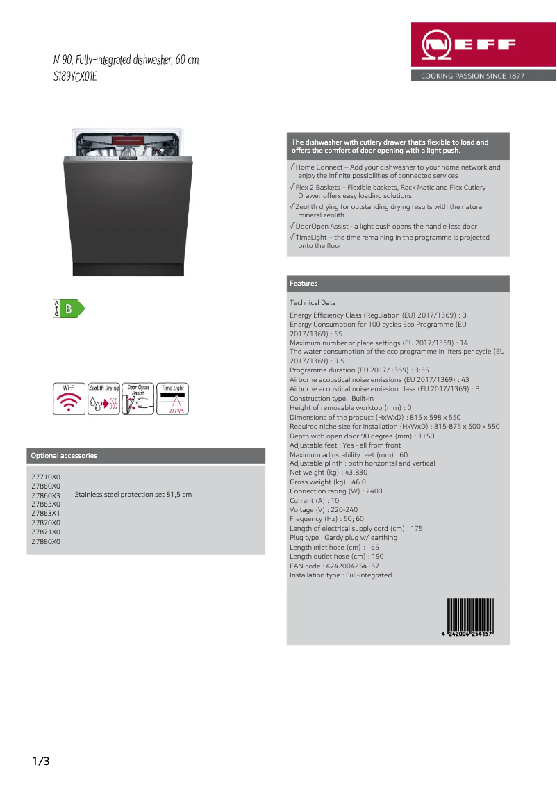 Page 1 of the manual Technical Sheet Neff S189YCX01E