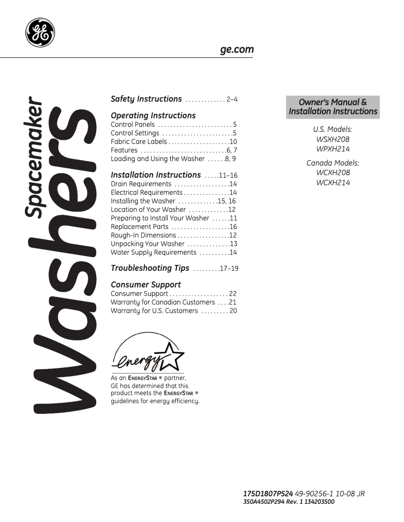 Page 1 de la notice Manuel utilisateur GE WSXH208HWW