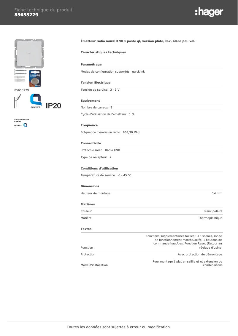 Page 1 de la notice Fiche technique Hager 85655229