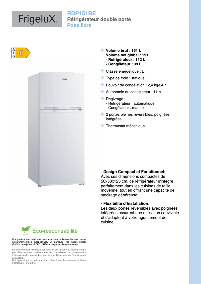 Página 1 del manual Ficha técnica FrigeluX RDP151BE