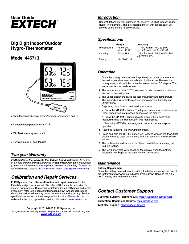 Page 1 de la notice Manuel utilisateur Extech 445713