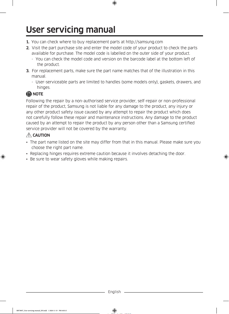 Page 1 de la notice Manuel utilisateur Samsung RB36T620ESA