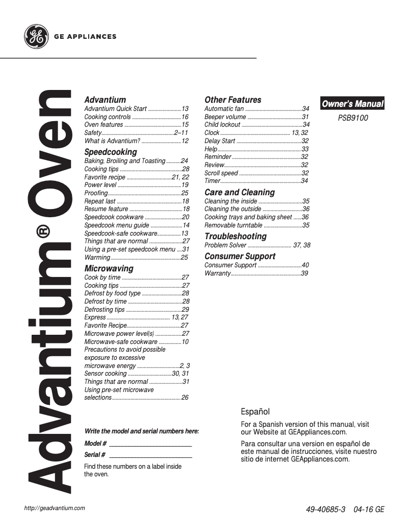Page n°1 - Manuel d'utilisation et d'entretien GE Profile PSB9100DFWW