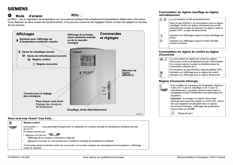 Page 1 de la notice Manuel utilisateur Siemens RDU