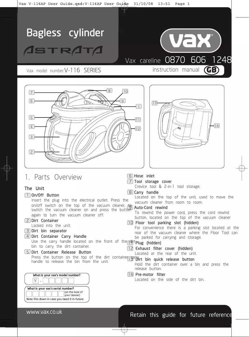 Página 1 del manual Manual de usuario Vax Astrata V116