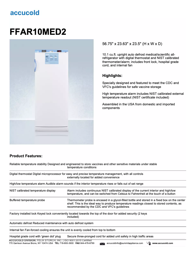 Page 1 de la notice Fiche technique Summit Accucold FFAR10MED2