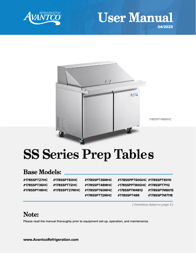 Page 1 de la notice Manuel utilisateur Avantco SS-PT-36-HC