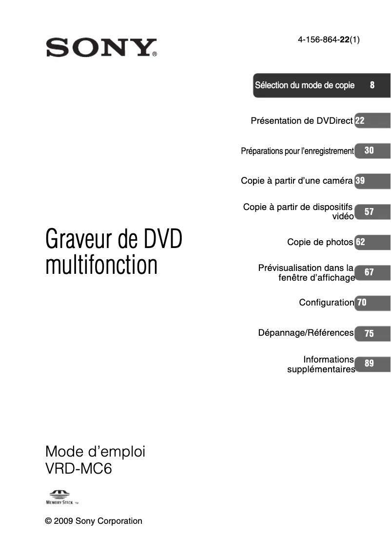 Page 1 de la notice Manuel utilisateur Sony VRD-MC6