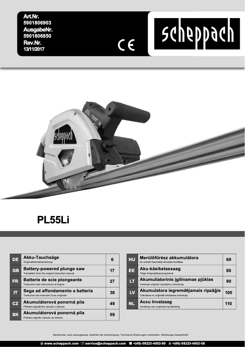 Page 1 de la notice Manuel utilisateur Scheppach PL55Li
