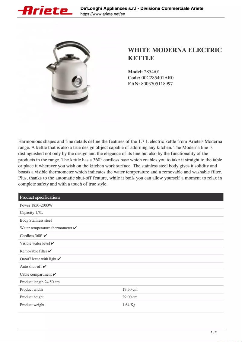 Page 1 of the manual Technical Sheet Ariete 2854