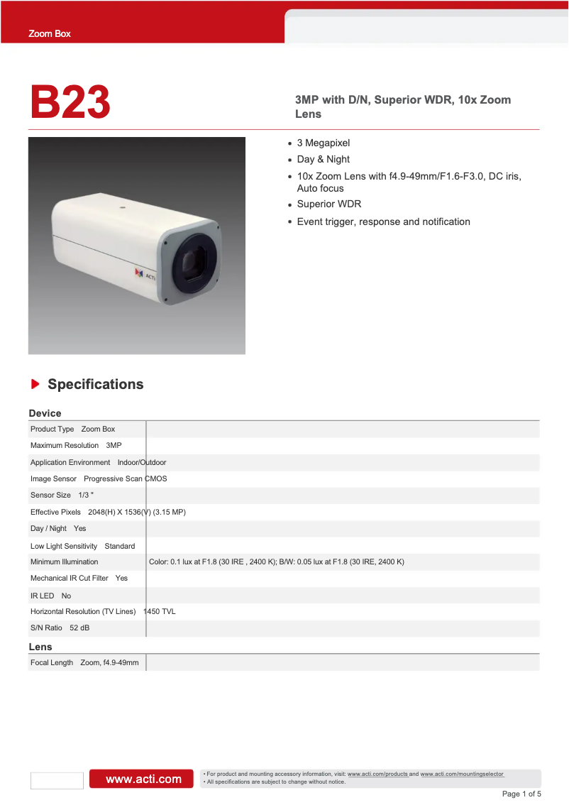 Página 1 del manual Ficha técnica ACTi B23