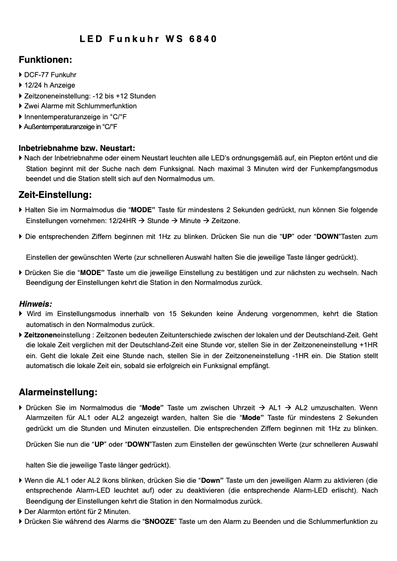 Page 1 de la notice Manuel utilisateur Techno Line WS 6840