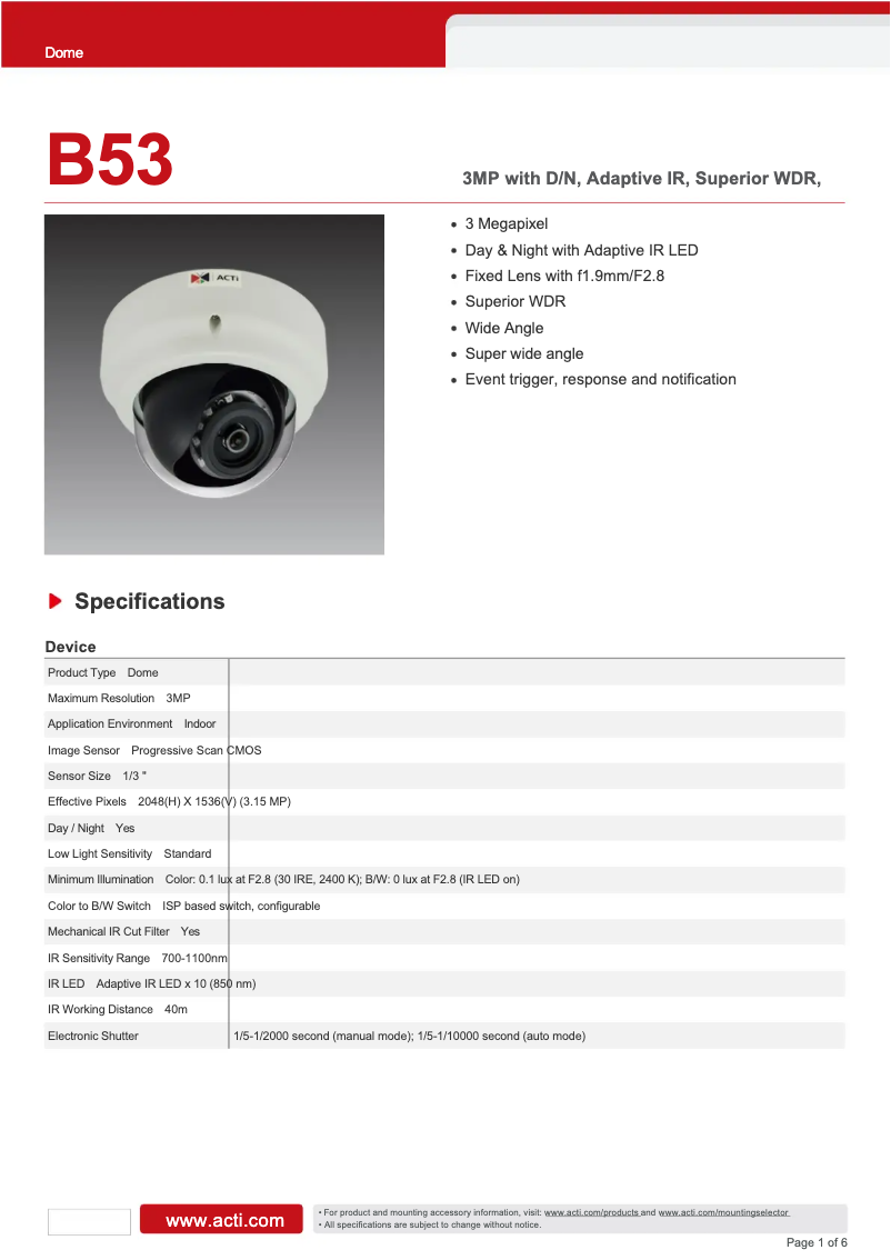 Page 1 de la notice Fiche technique ACTi B53