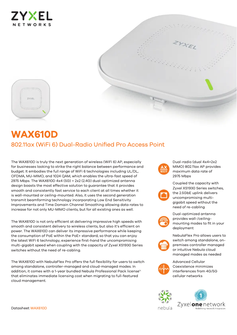 Página 1 del manual Ficha técnica ZyXEL NebulaFlex Pro WAX610D