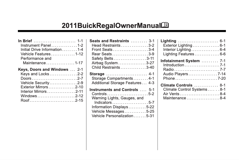 Page 1 de la notice Manuel utilisateur Buick Regal (2011)