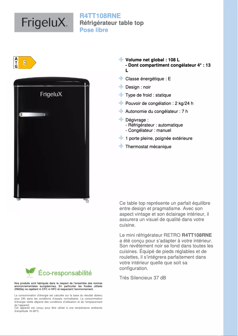 Página 1 del manual Ficha técnica FrigeluX R4TT108RNE