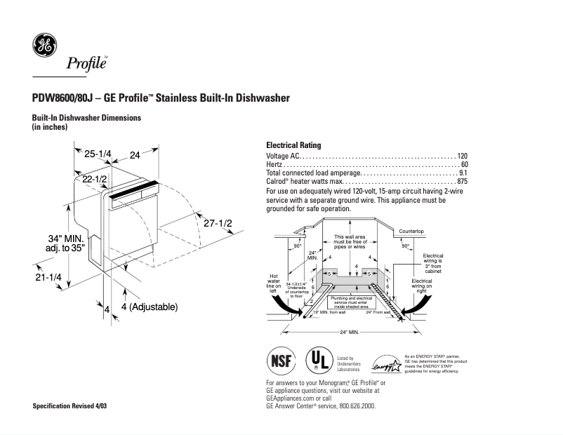 Página 1 del manual Ficha técnica GE Profile PDW8600JCC