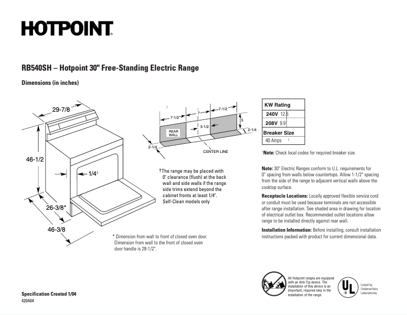 Página 1 del manual Ficha técnica Hotpoint RB540SHSA