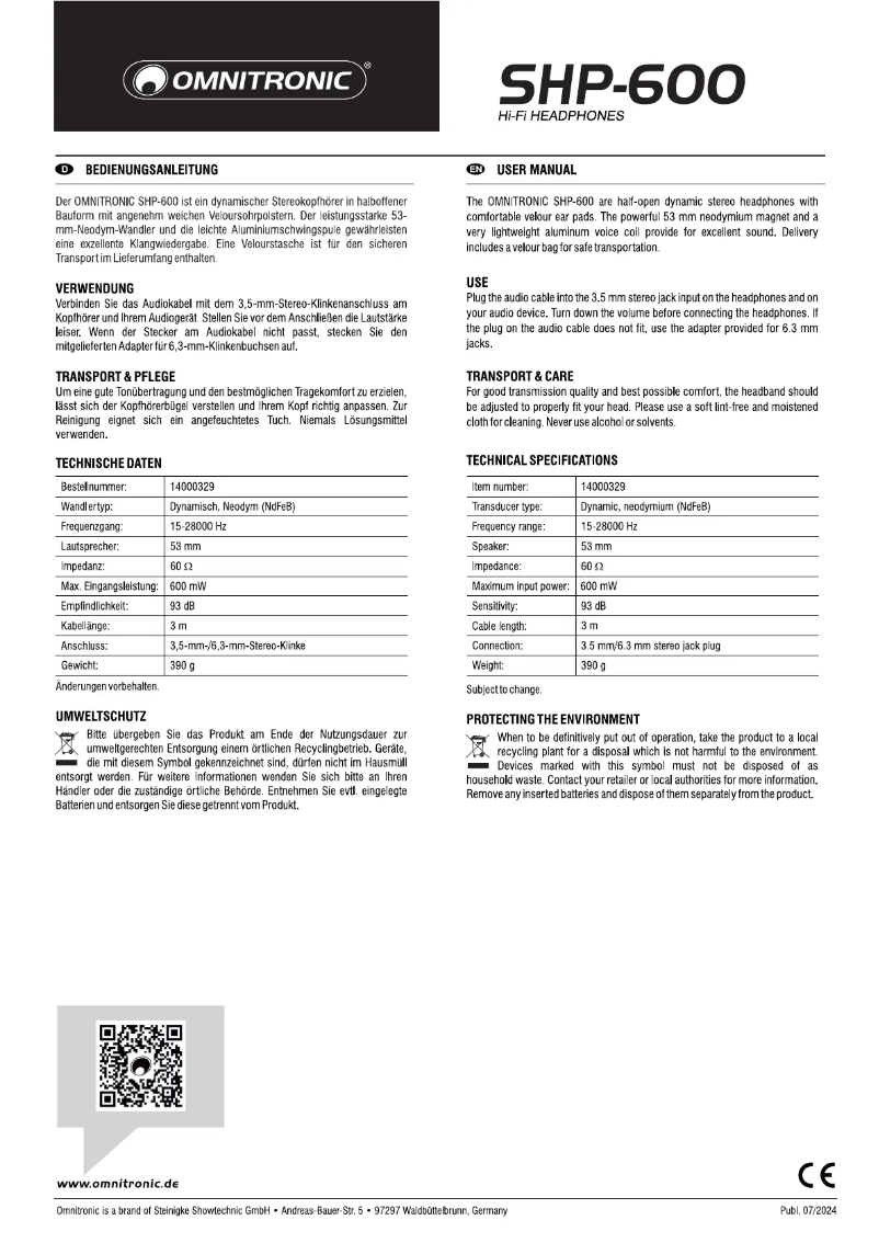 Page 1 de la notice Manuel utilisateur Omnitronic SHP-600