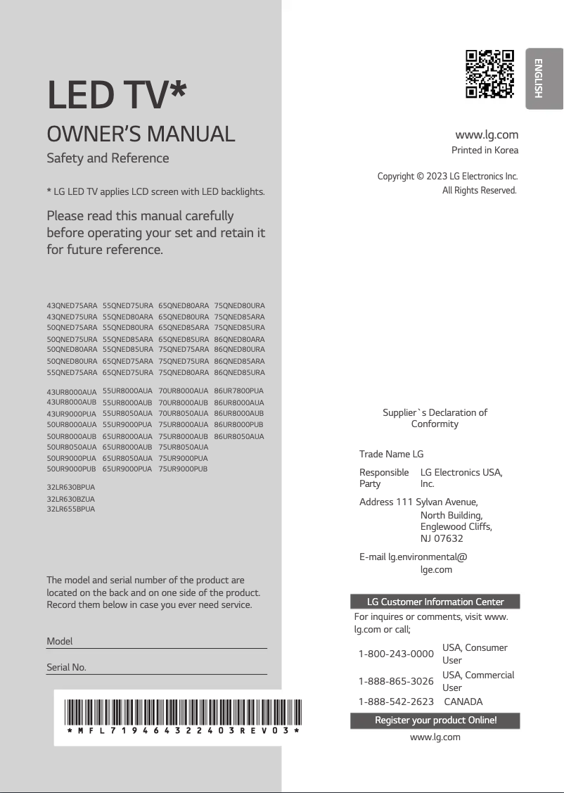 Page 1 de la notice Manuel utilisateur LG 65UR8000AUA