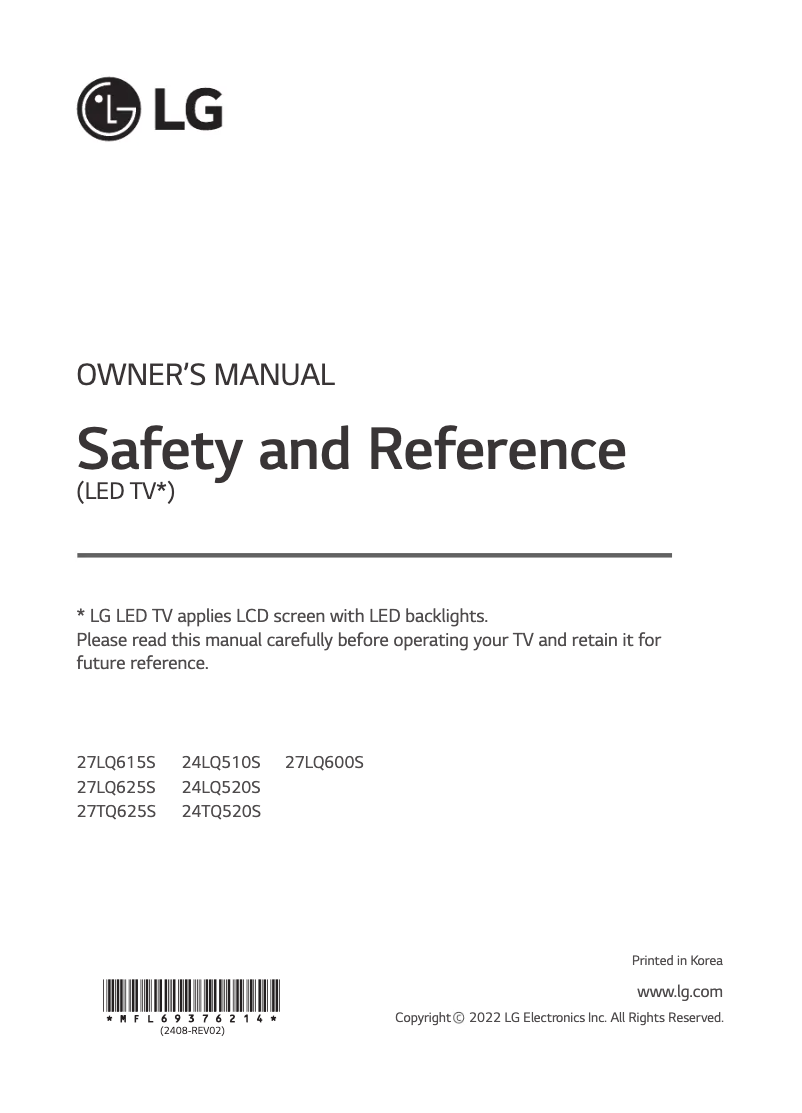 Page 1 de la notice Manuel utilisateur LG 24TQ520S