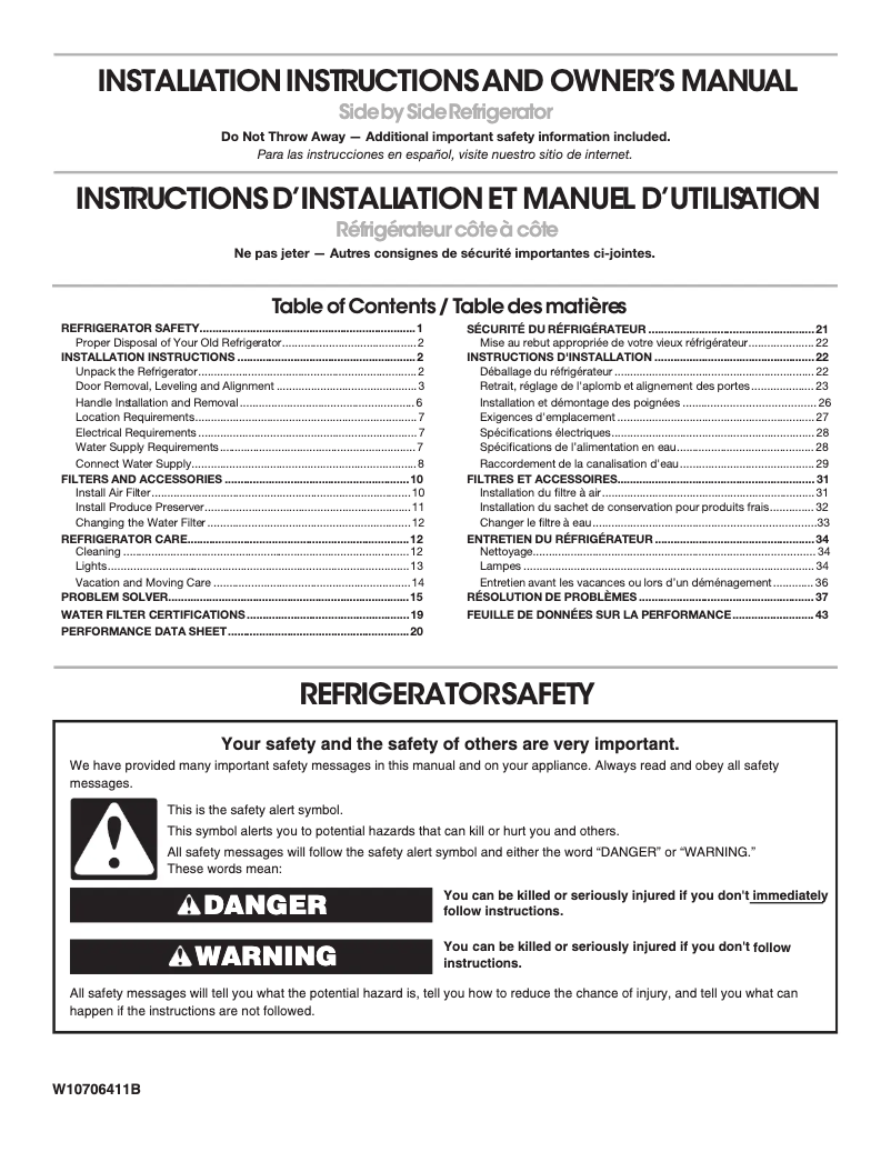 Page 1 of the manual Installation Guide Whirlpool WRS588FIHV