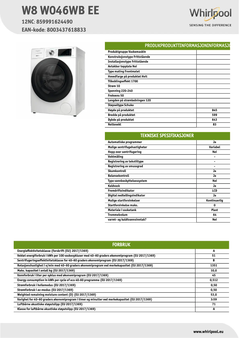 Page 1 de la notice Fiche technique Whirlpool W8 W046WB EE