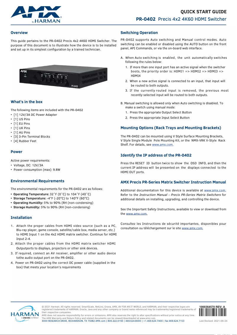 Page 1 de la notice Manuel utilisateur AMX PR-0402