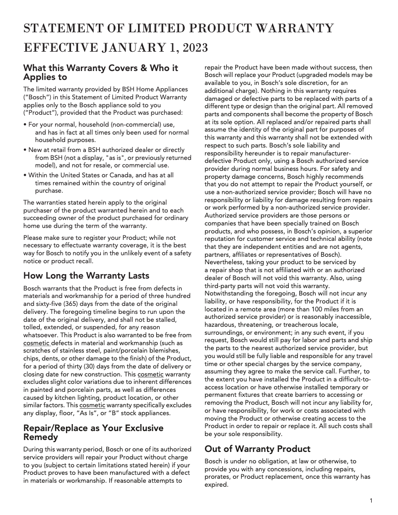 Page 1 of the manual Warranty Information Bosch SGE53B52UC