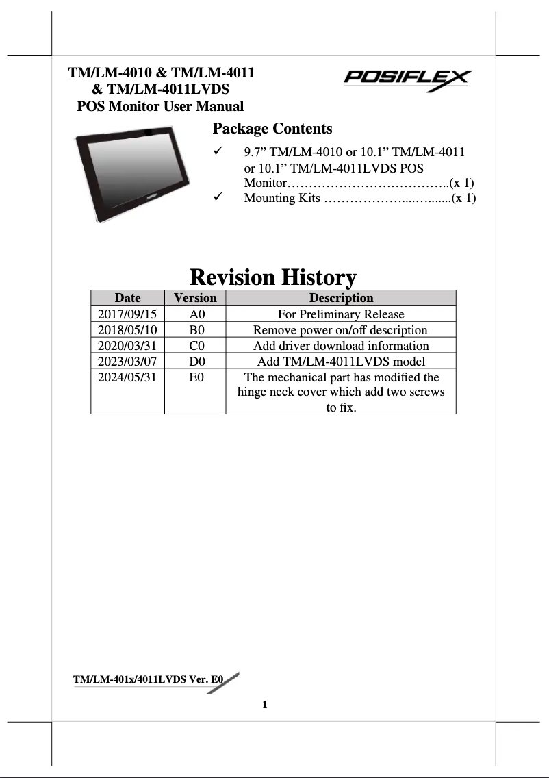 Page 1 of the manual User Manual Posiflex LM-4011LVDS