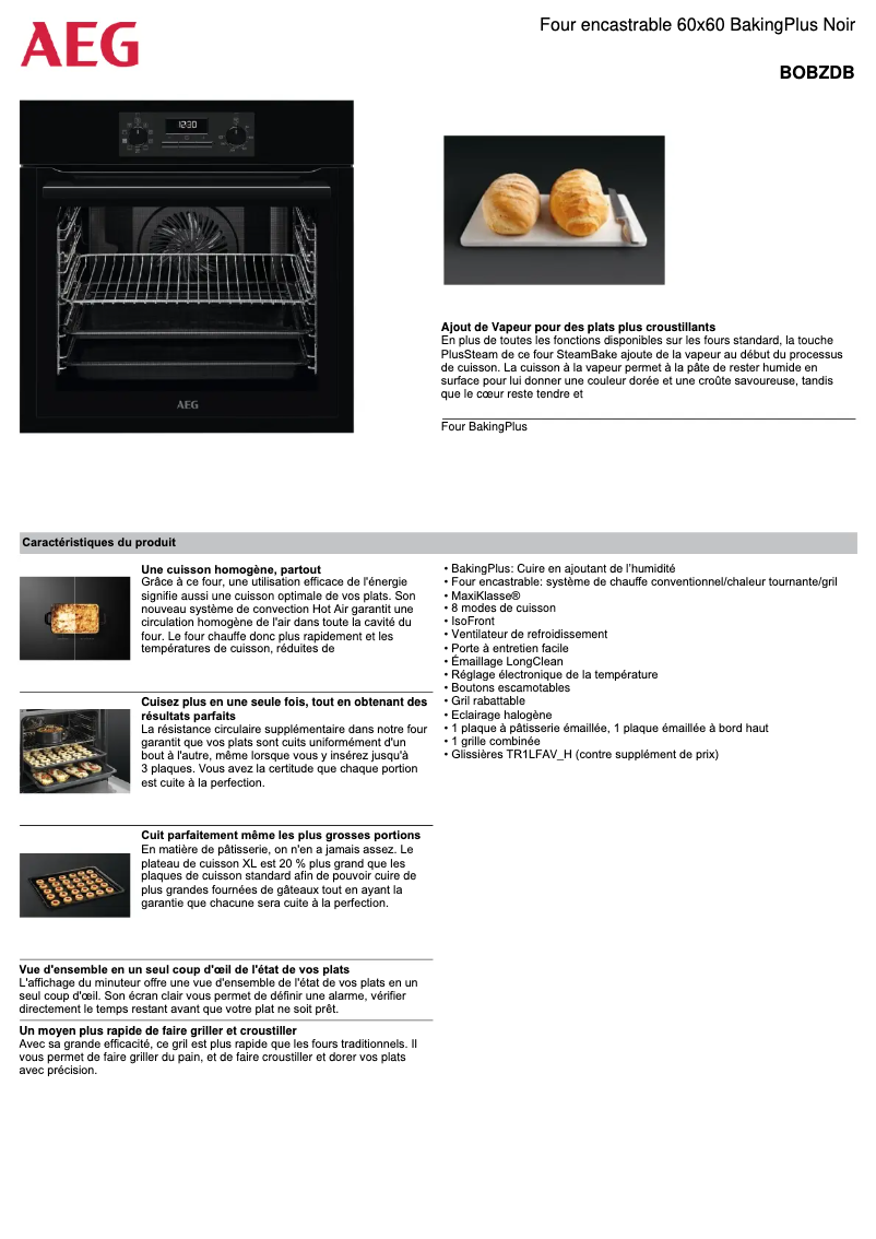 Page 1 de la notice Fiche technique AEG BOBZDB