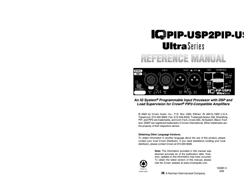 Page 1 de la notice Manuel utilisateur Crown IQ-PIP-USP2