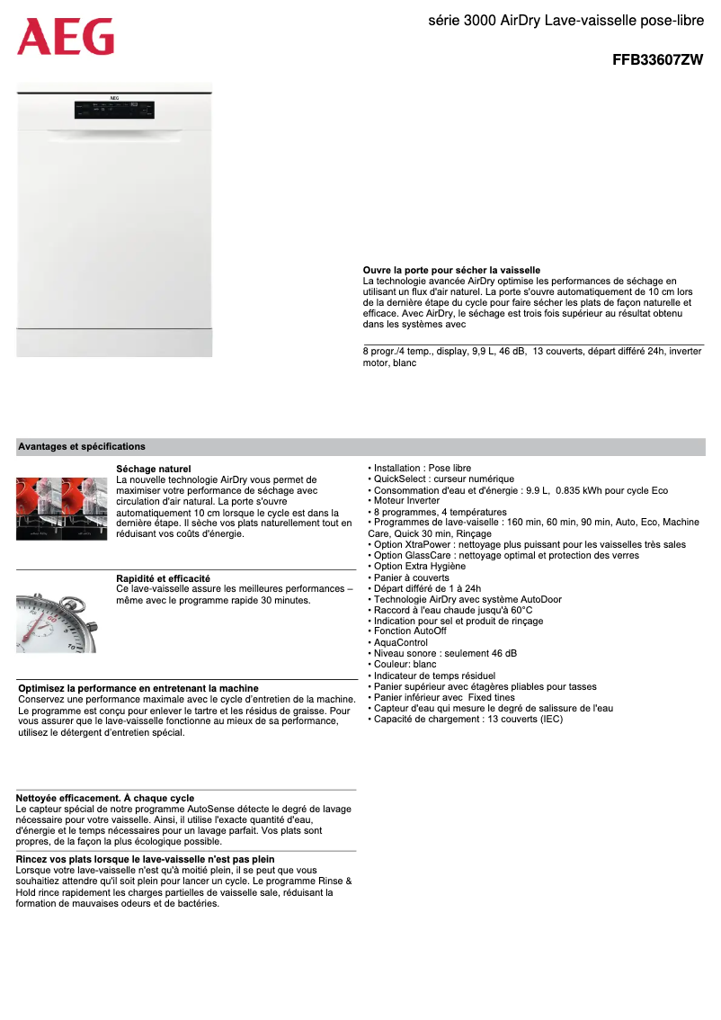 Page 1 de la notice Fiche technique AEG FFB33607ZW